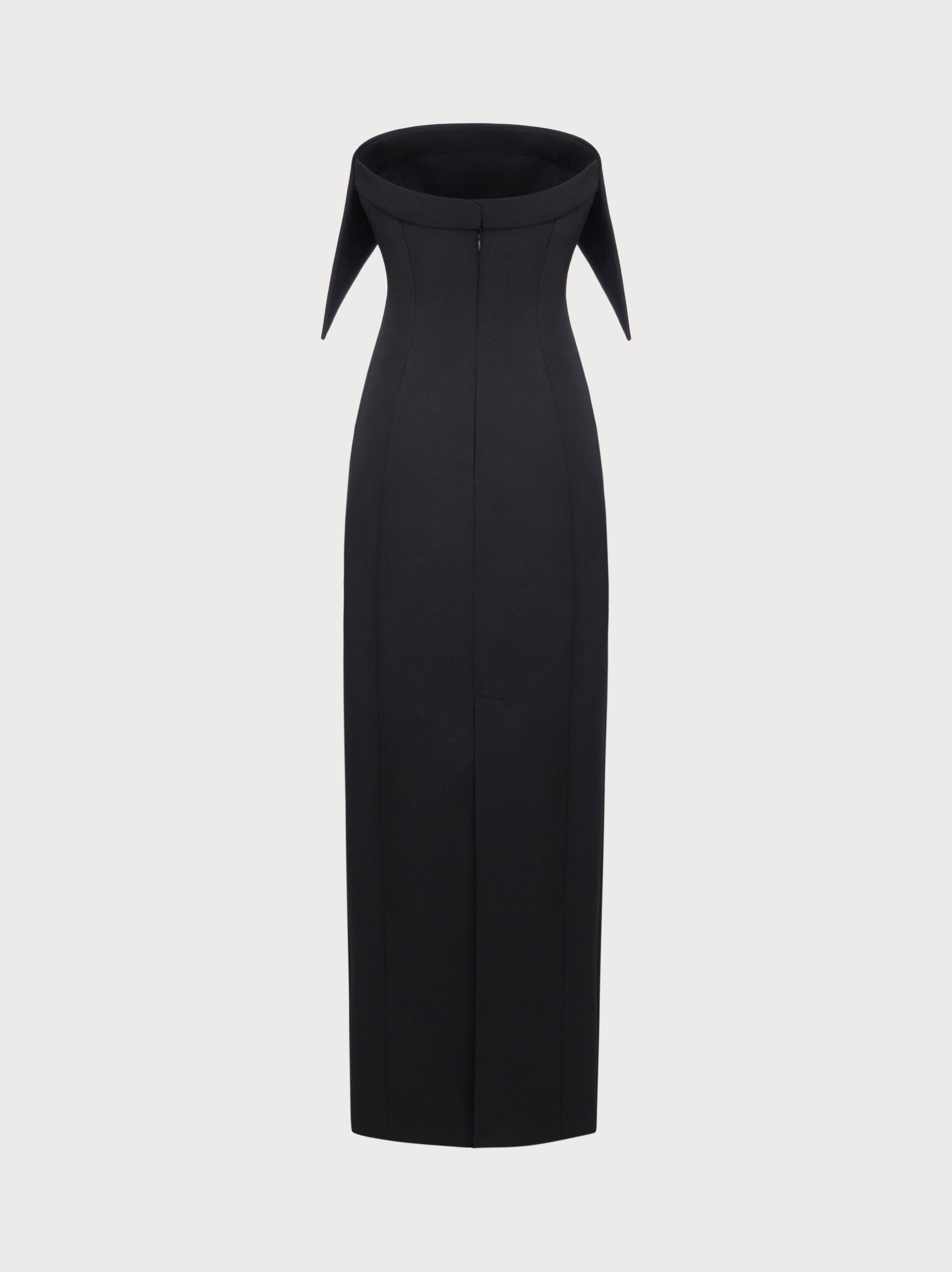 Black dress with a unique neckline on a light gray background