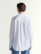 Person wearing a light blue shirt from behind on a white background