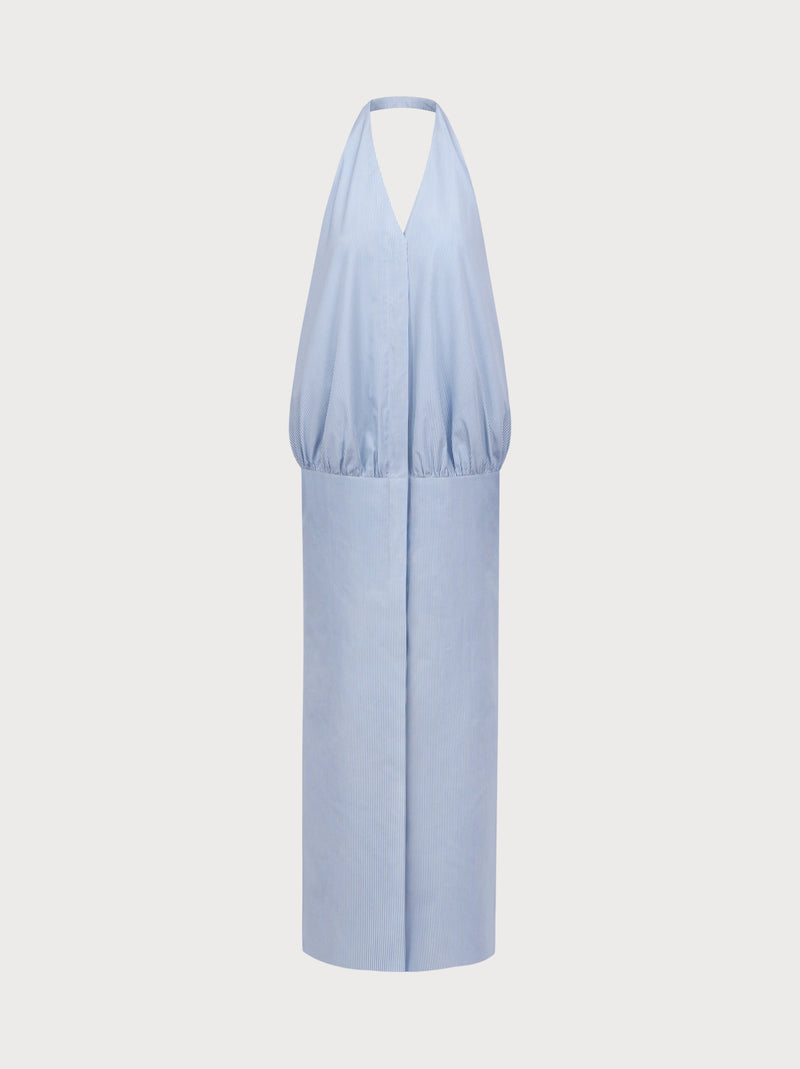 Light blue halter neck dress on a light gray background