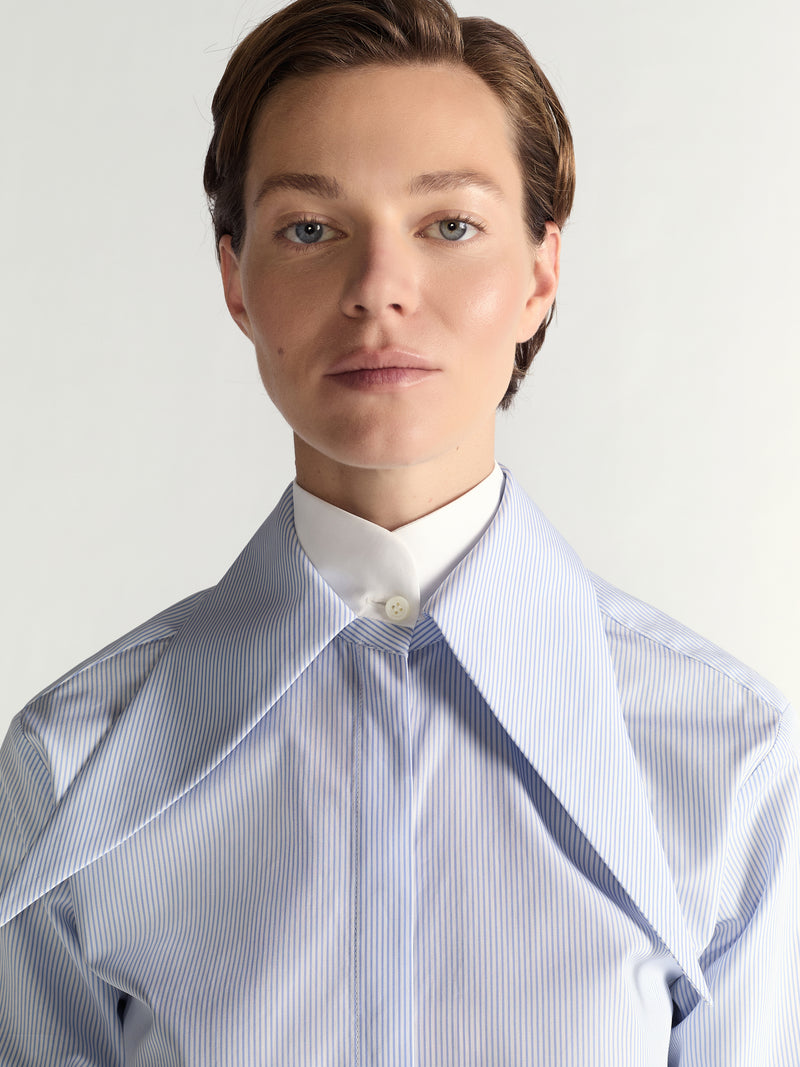 Person wearing a light blue striped shirt with a white collar against a plain background