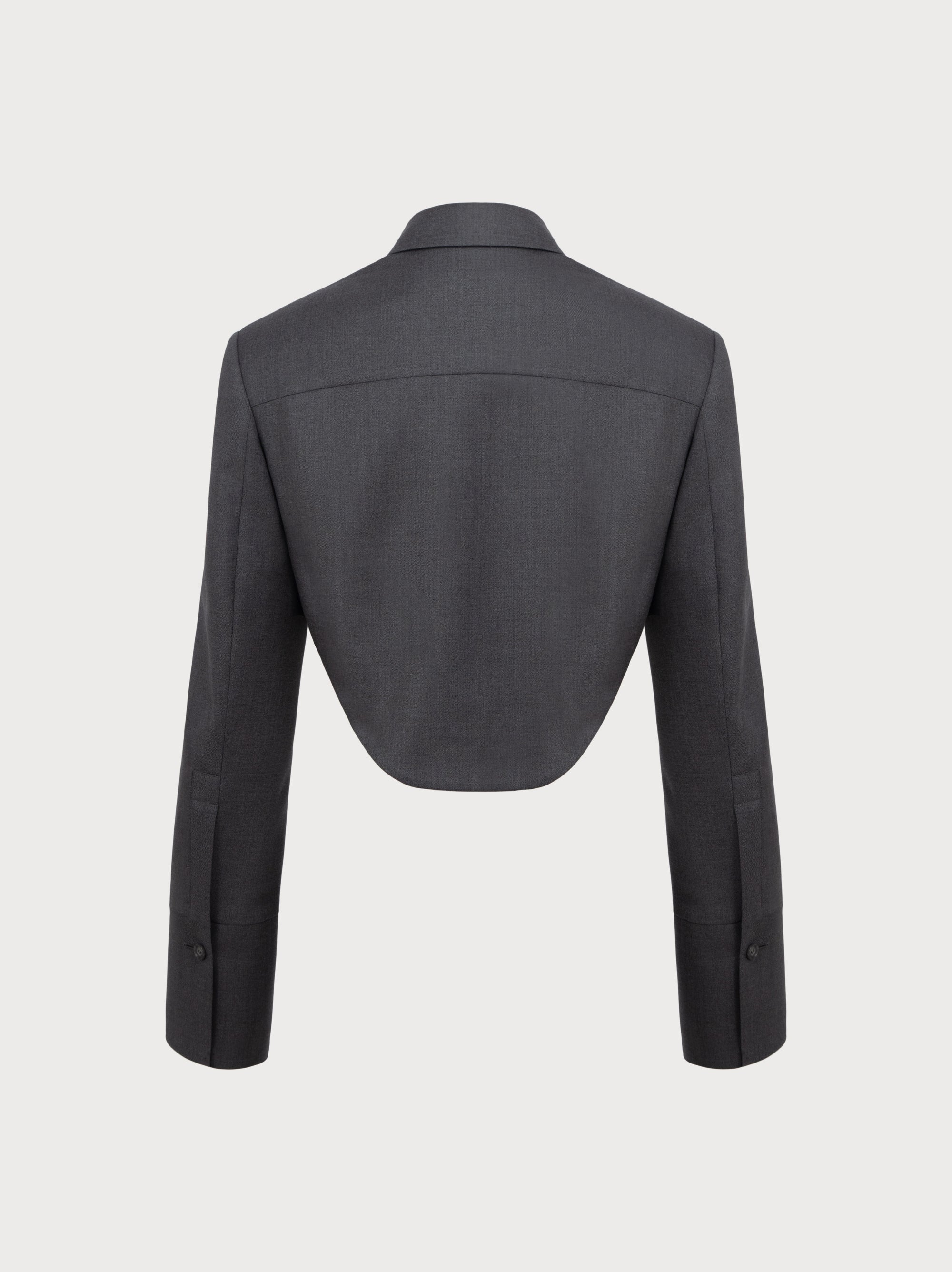 Dark gray jacket against a light gray background