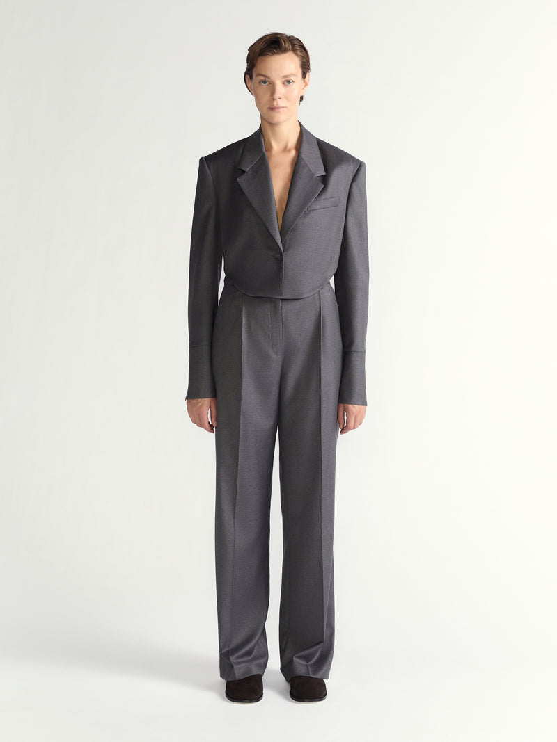 Person wearing a gray suit on a white background