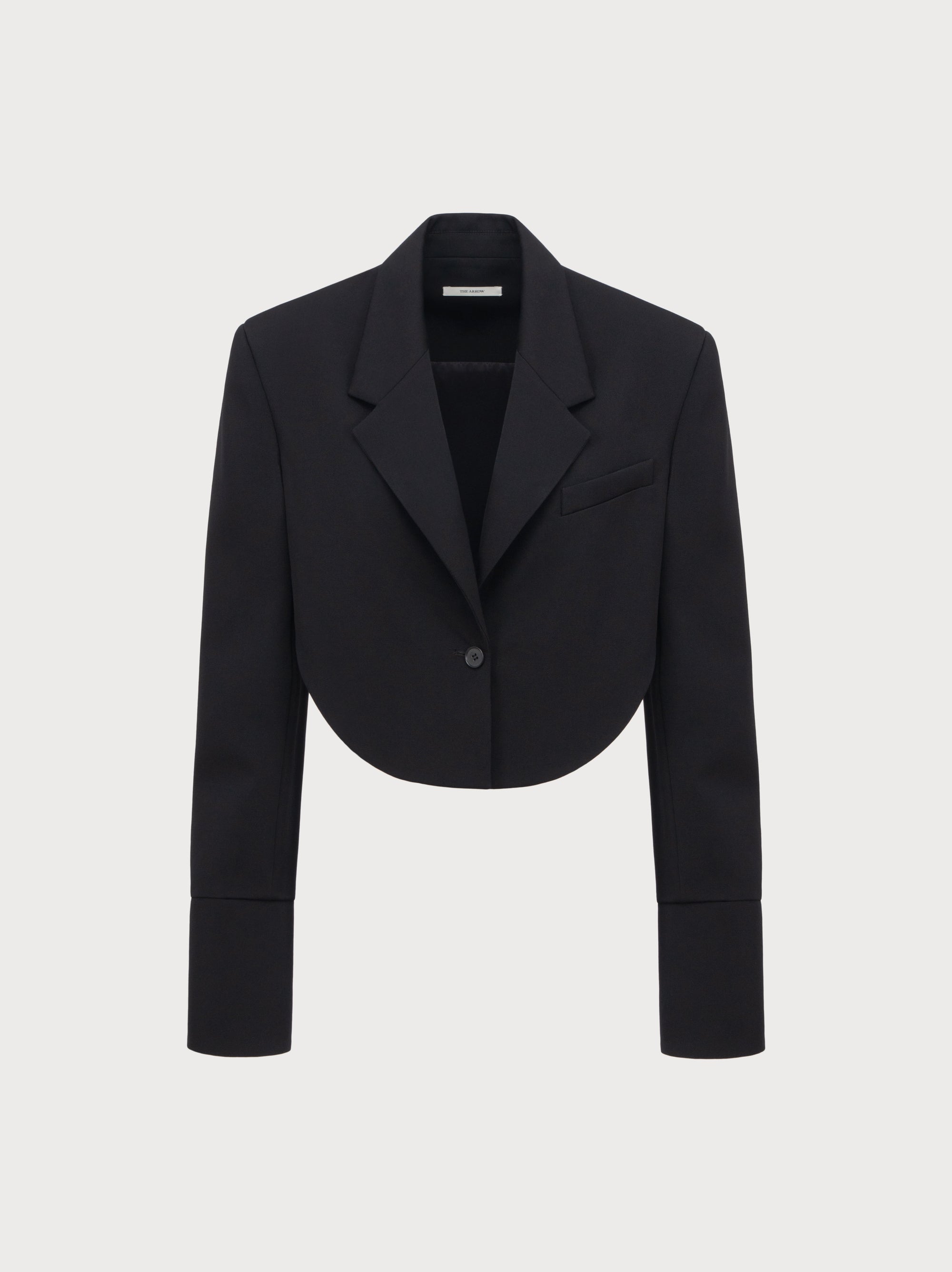 Black cropped blazer on a light gray background