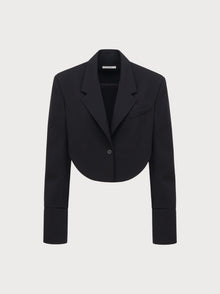 Black cropped blazer on a light gray background