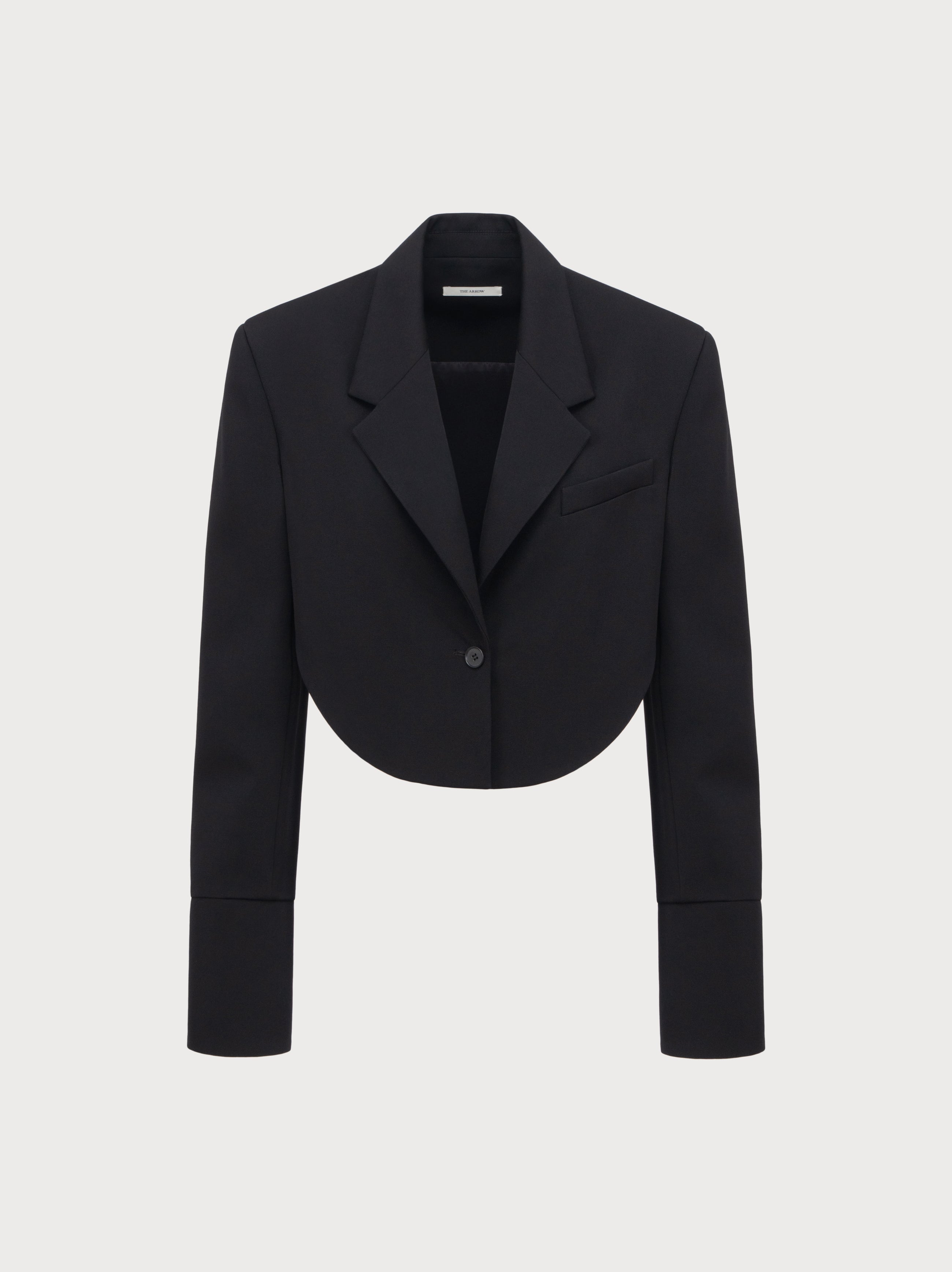 Black cropped blazer on a light gray background