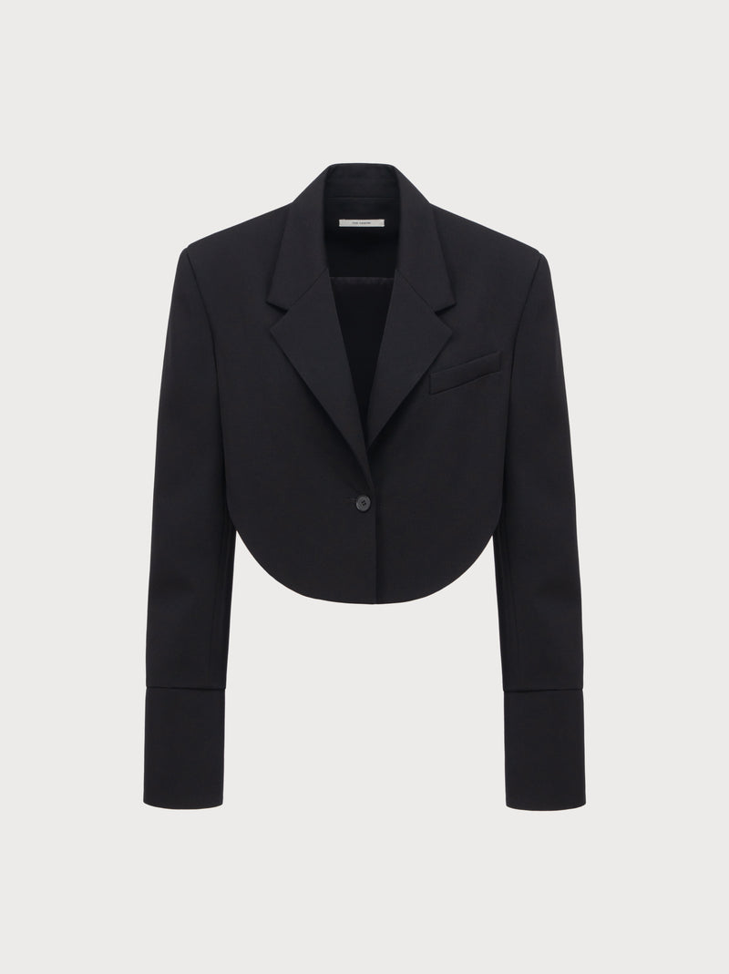 Black cropped blazer on a light gray background