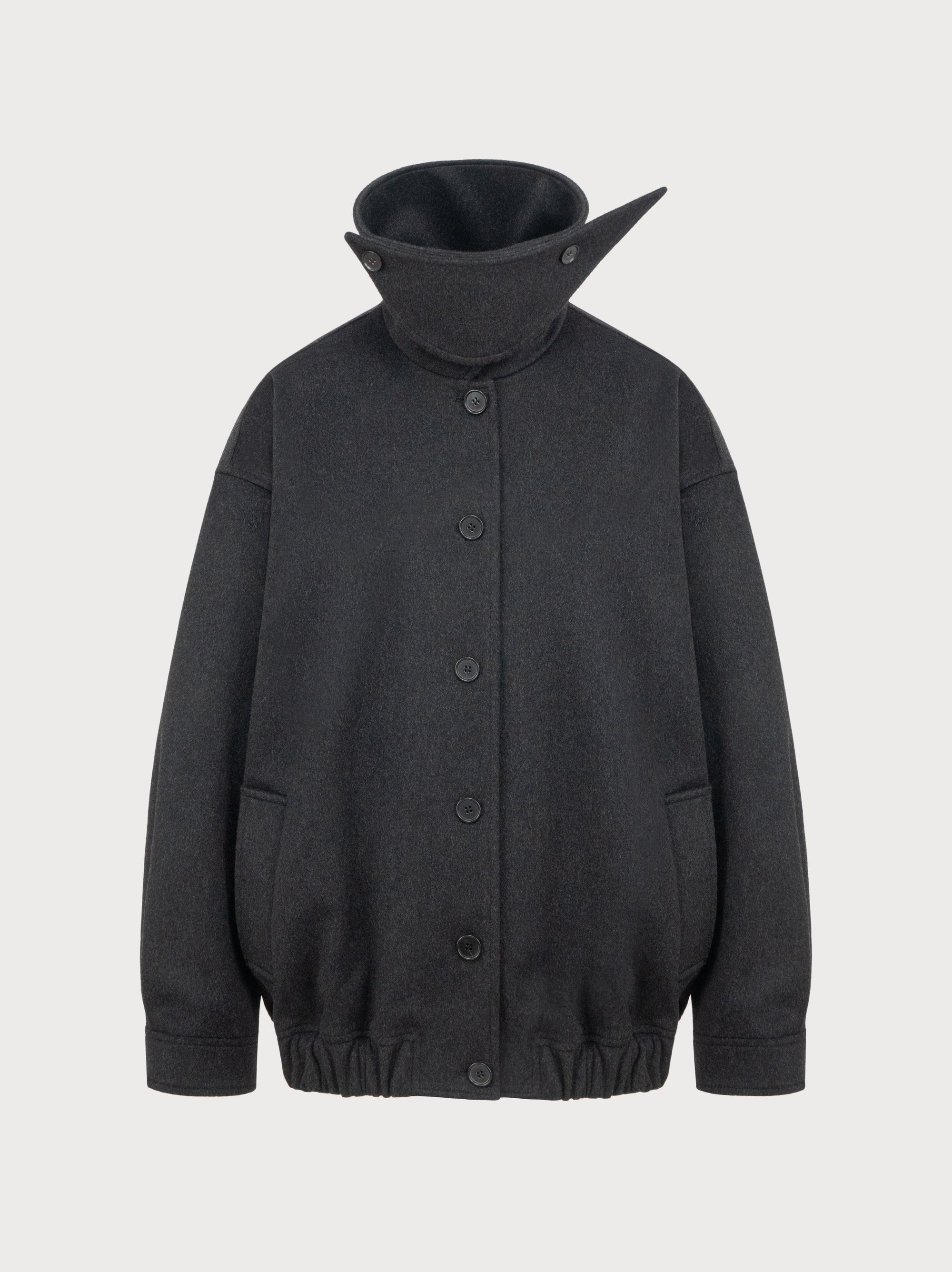 Dark gray jacket with a high collar on a light gray background