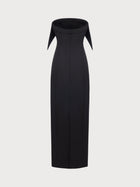 Black dress with a unique neckline on a light gray background