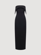 Black dress with a unique neckline on a light gray background